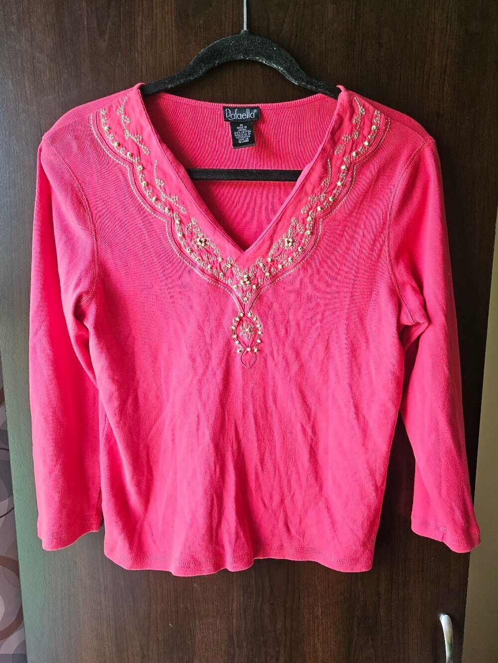 Rafaella Pink Embellished V-Neck Long Sleeve Top Size Medium